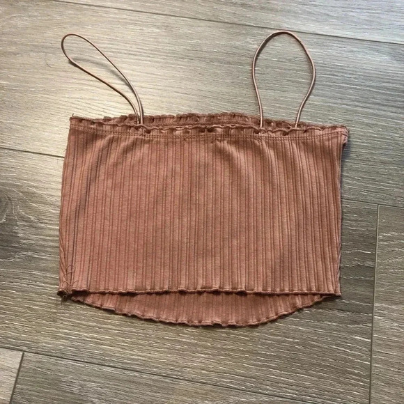 Bozzolo Brown Crop Top Bandeau With Straps Ruffle Hems Size Small - Picture 6 of 7